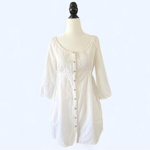 Mango Womens White Peasant Cottagecore Bonnet Cotton Button Up Mini Dress Medium